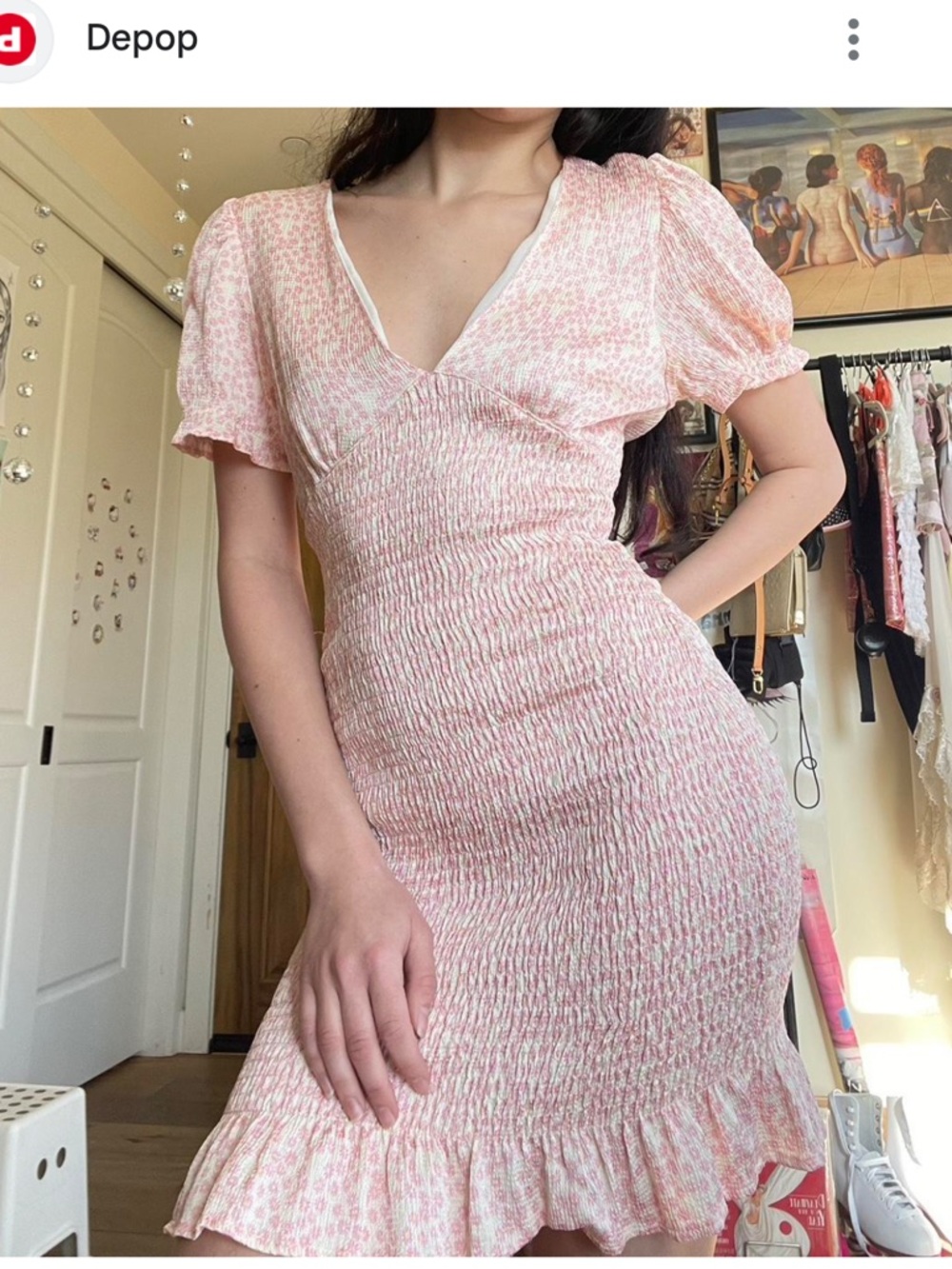 Zara smocked Blush Floral Shirred V-Neck Mini Dress - Picture 2 of 6